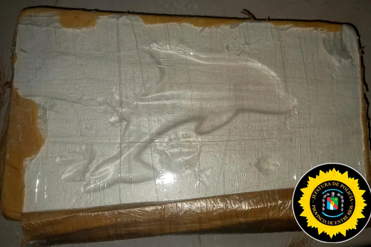 Ladrillo de cocaína “con el logo del delfín”. Foto: Policía de Entre Ríos Ladrillo de cocaína “con el logo del delfín”. Foto: Policía de Entre Ríos