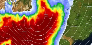 Las zonas en rojo es donde hay previstas más lluvias. Foto: Meteored