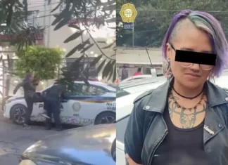 Mujer es captada golpeando a policía en Benito Juárez; SSC detiene a la agresora. Foto: FIA.