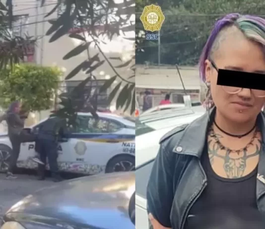 Mujer es captada golpeando a policía en Benito Juárez; SSC detiene a la agresora. Foto: FIA.