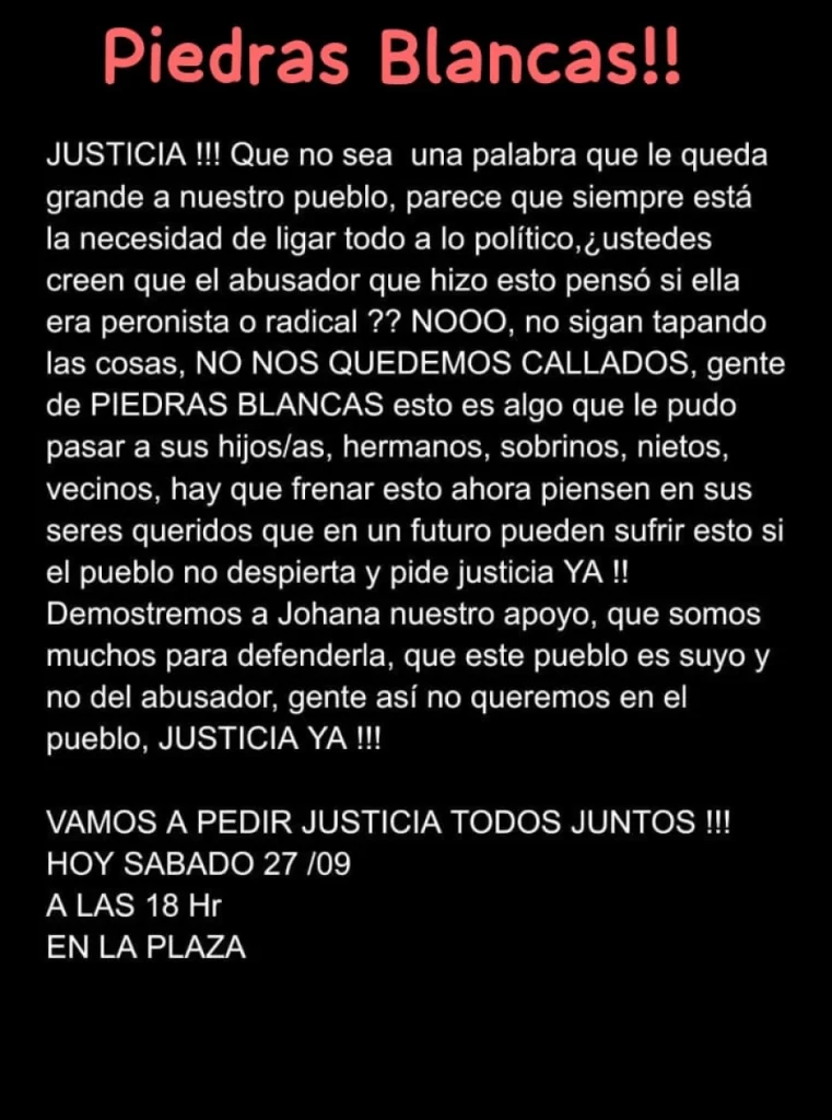 Convocan a movilización en pedido de justicia en Piedras Blancas.