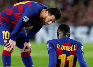 Ousmané Dembélé y Lionel Messi. Foto: Infobae.