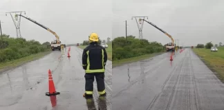 Cayó un cable de alta tensión sobre la Ruta 39 en Rocamora por el temporal
