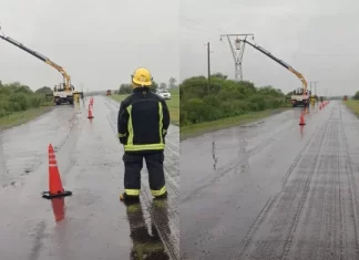 Cayó un cable de alta tensión sobre la Ruta 39 en Rocamora por el temporal