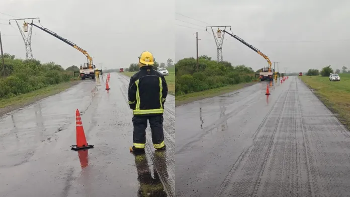 Cayó un cable de alta tensión sobre la Ruta 39 en Rocamora por el temporal