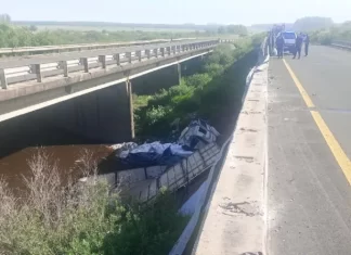 Camión cargado con arvejas cayó a un arroyo en la Autovía 14
