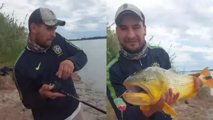 Pescador sacó un Dorado desde la orilla del río Paraná en Santa Elena