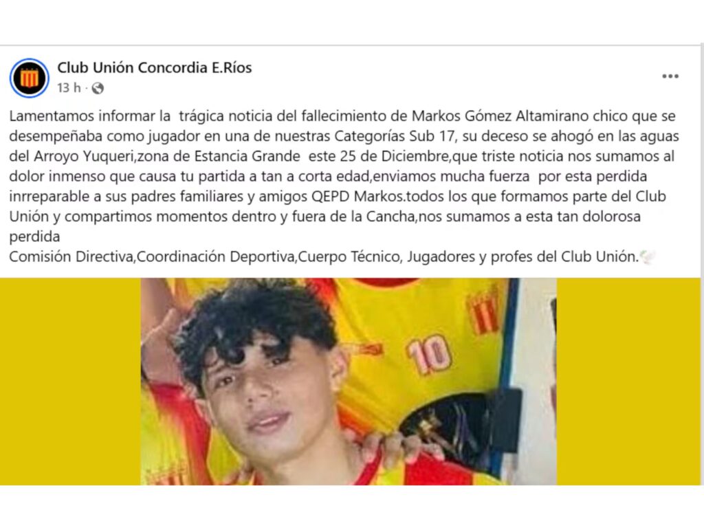 Dolor en las redes tras la muerte de Markos. (Foto: Facebook/Club Unión Concordia E.Ríos).