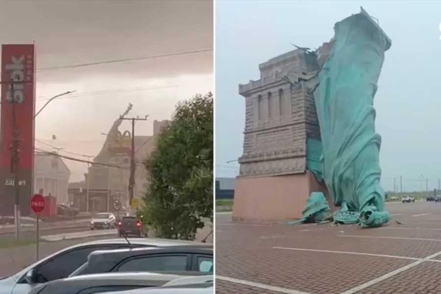 La caída de una réplica de la Estatua de la Libertad en Porto Alegre.