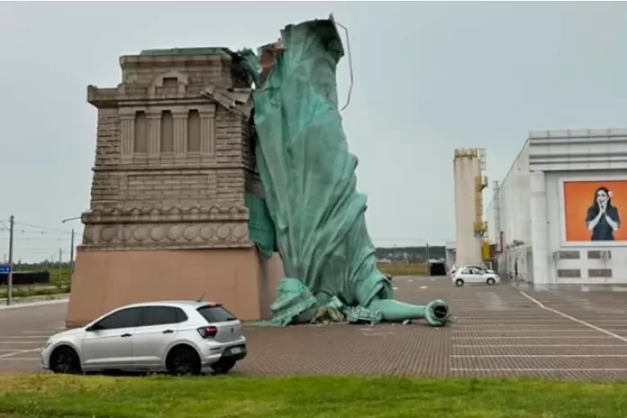 La caída de una réplica de la Estatua de la Libertad en Porto Alegre. Foto: (redes).