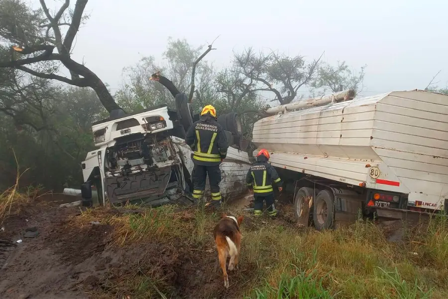 Camión despistó y volcó en ruta 12. Foto: Bomberos Voluntarios