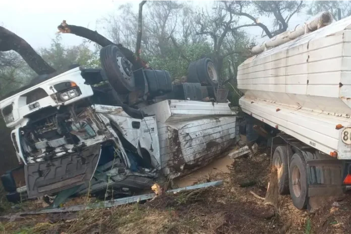 Camión despistó y volcó en ruta 12. Foto: Bomberos Voluntarios