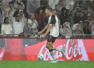 El festejo de Rodrigo Castillo. Foto: X oficial de Lanús.