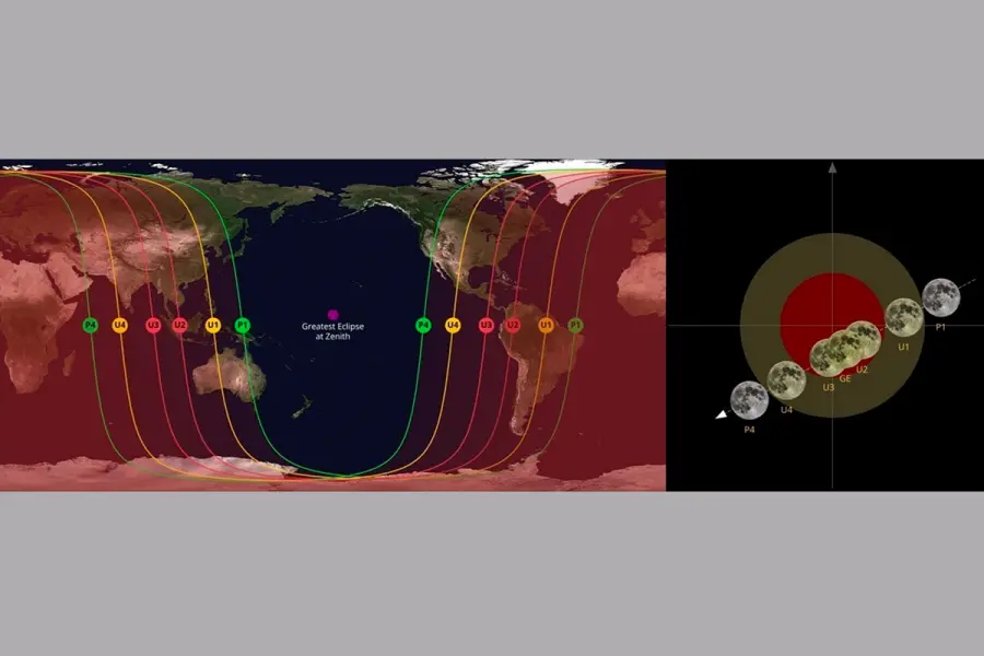 El mapa que muestra dónde se verá el lunar total "Luna de Sangre", del 3 de marzo 2026. (Foto: theskylive)