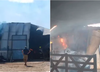 Voraz incendio destruyó un galpón rural con fardos y maquinaria
