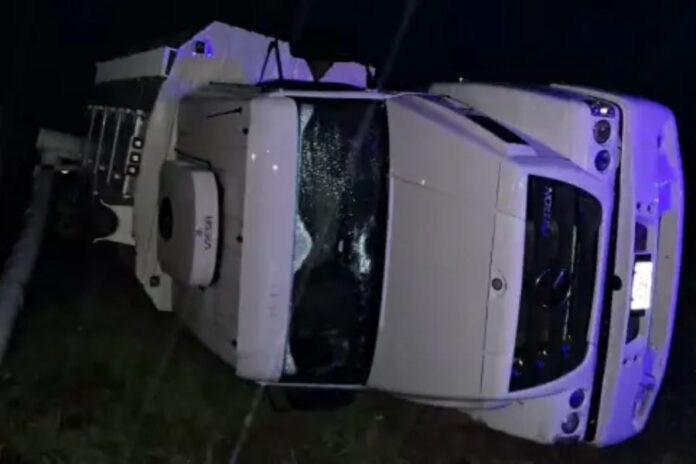 Un camión volcó tras realizar “efecto tijera” en la Ruta 14. Foto: (PER)