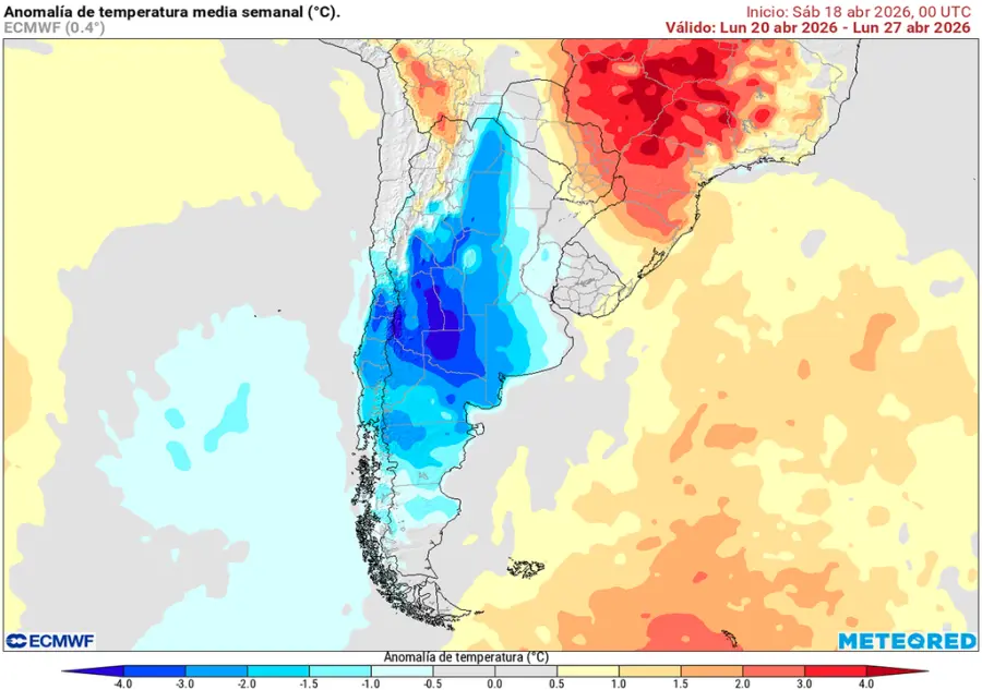 Anomalía de temperatura prevista hasta el 26 de abril