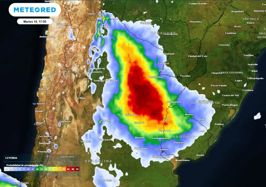 La zona de máxima probabilidad de precipitaciones este martes / Meteored