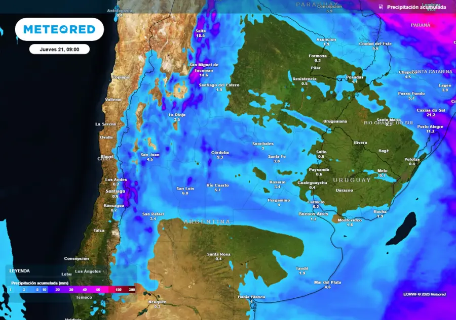 Acumulados de lluvia previstos hasta el próximo jueves según nuestro modelo de referencia ECMWF (Fuente: Meteored)