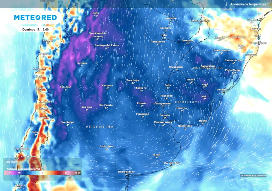 Anomalía de temperatura prevista para el próximo domingo según el modelo ECMWF (Fuente: Meteored)
