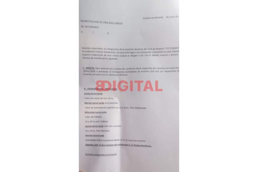 La carta presentada por el Club.