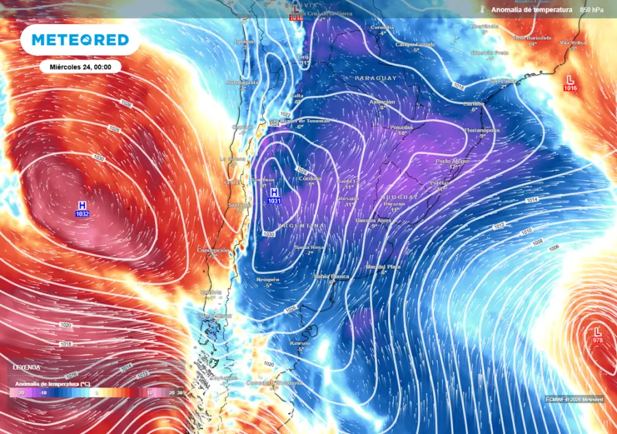 Fuerte irrupción fría en Argentina desde este fin de semana, intensificándose hacia el martes y miércoles (fuente Meteored)
