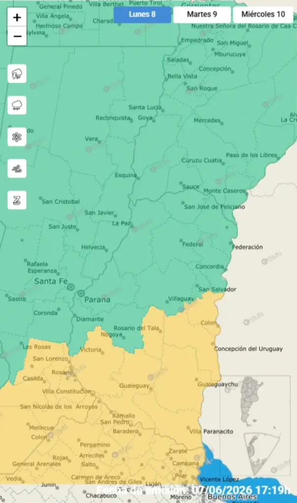 Alerta amarilla por lluvias en Entre Ríos.
