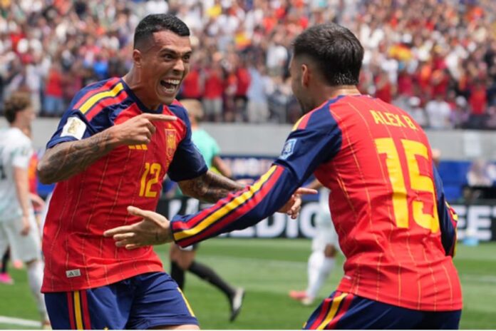 Pedro Porro festeja su gol con Alex Baena. Foto: NA (Xinhua). Pedro Porro festeja su gol con Alex Baena. Foto: NA (Xinhua).