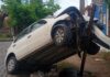 Perdió el control del auto en una calle empedrada.